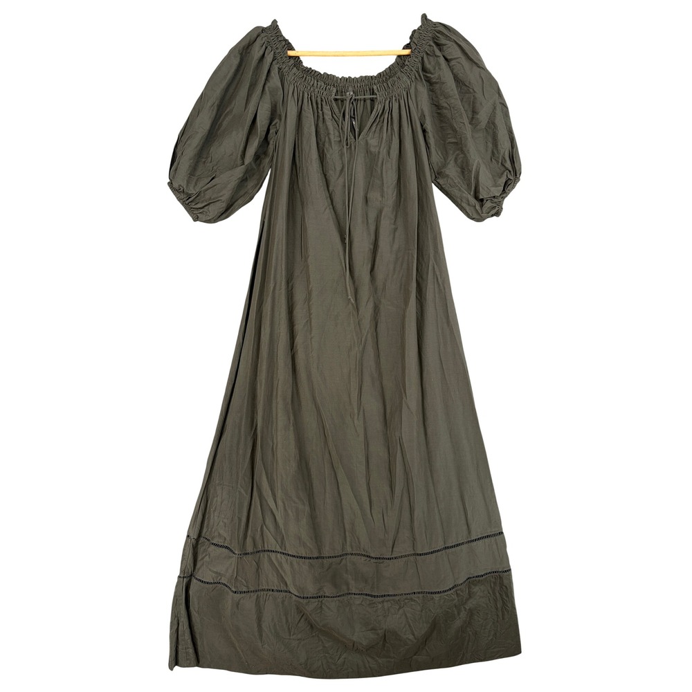 Anthropologie Olive Green Cotton Silk Puff Sleeve Maxi Dress XXS Forest Fairy